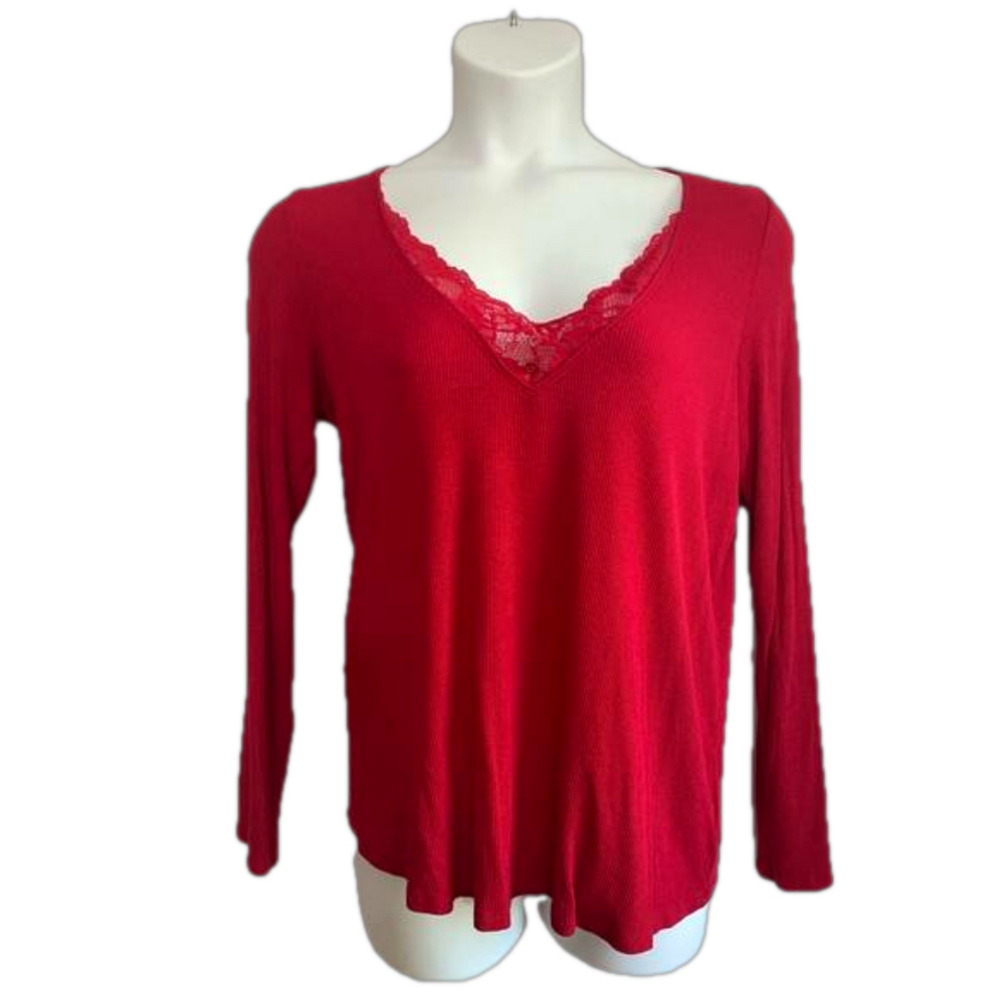 Torrid Red Super Soft Rib V-Neck Lace Long Sleeve Sleep Tee Size M SKU0575